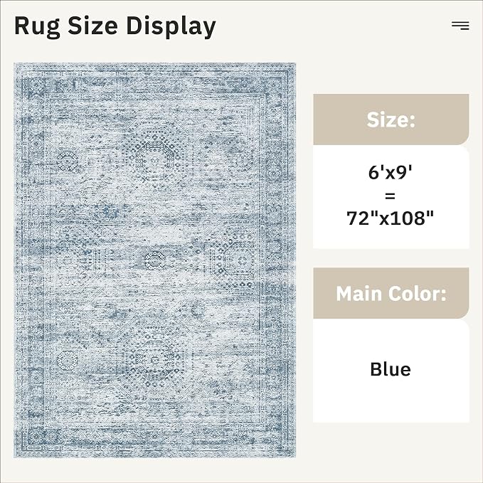 Soalmost 6x9 Area Rug for Living Room Washable 6x9 Non-Slip Modern Rugs for Bedroom Dinning Room Ultra-Thin Indoor Blue