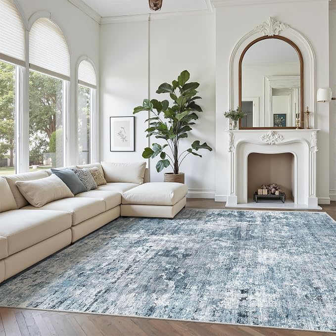 Soalmost 7x10 Area Rug for Living Room Washable Abstract Vintage Soft Thin Indoor Floor Non-Slip Carpet for Bedroom Dining Room Blue