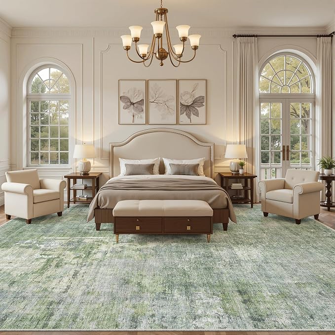 Soalmost 10x14 Area Rugs for Living Room, Non Slip Machine Washable Vintage Rugs, Low Pile Lightweight Large Rug for Bedroom, Dining Room, Home Office Green/Ivory