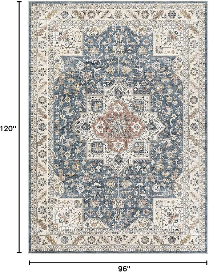 Vintage Living Room Area Rug 8x10 - Large Soft Washable Oriental Traditional Distressed Farmhouse Rugs for Bedroom - Indoor Floor Accent Carpet for Home Office House Decor - Vintage Blue