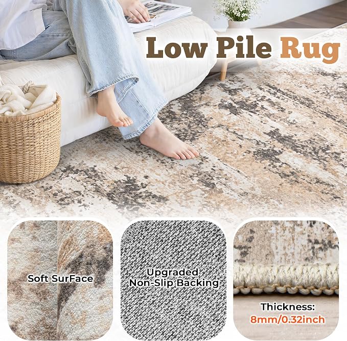 6x9 Area Rugs for Living Room: Washable Abstract Neutral Rug Modern Soft Non Slip Low Pile Rugs Floor Indoor Stain Resistant Carpet for Bedroom Dining Room Nursery Home Office (Light Brown, 6'x9')