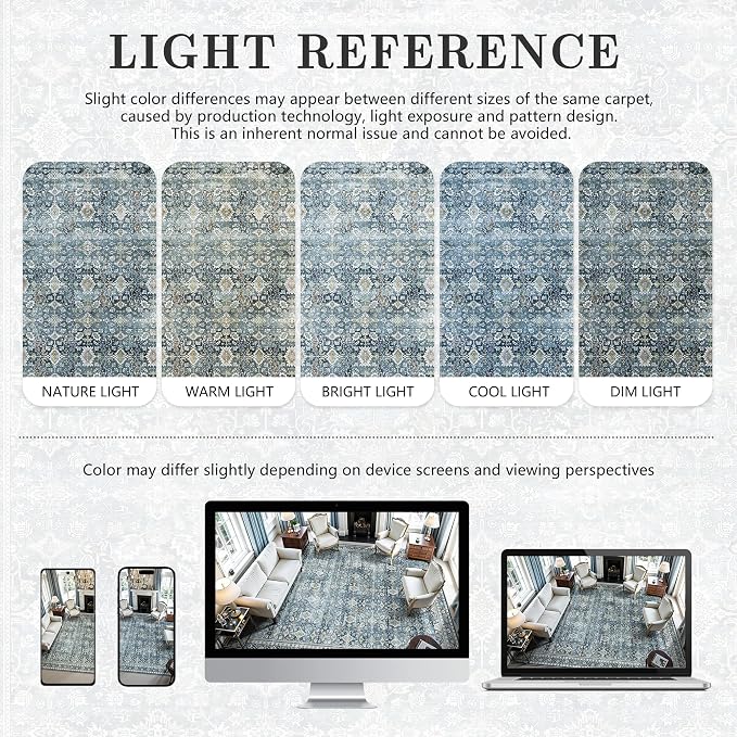 6x9 Area Rugs - Washable Vintage Retro Living Room Rug, Soft Ultra Thin Non Slip Low Pile Traditional Distressed Boho Carpet for Bedroom Dining Room Nursery Home Office, Blue