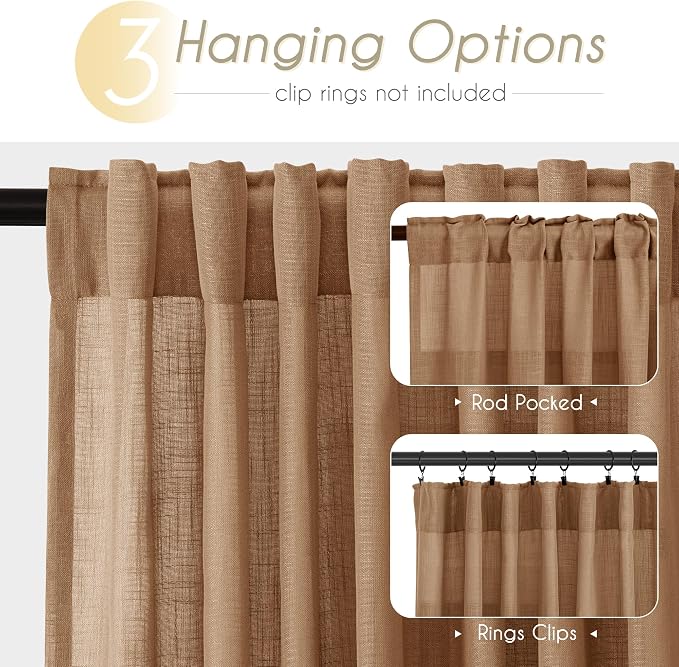 Brown Curtains for Living Room Back Tab Modern Farmhouse Semi Sheer Curtains 102 inches Long 2 Panels Set Muted Neutral Window Curtain for Dining Room Bedroom 52x102