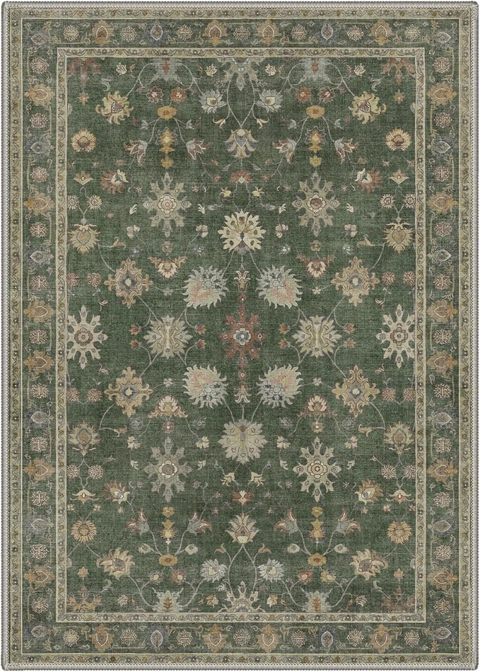 Bavni Area Rugs for Living Room, 5x7 Area Rugs Non-Slip Washable，Ultra-Thin Floral Vines Rug for Bedroom Dinning Room Office, Dusty Green
