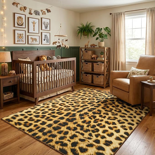Soft Leopard Rug 4x6 Ft, Animal Print Rugs for Living Room Bedroom, Non-Slip TPR Backing for Hardwood Floors, Machine Washable & Easy to Clean, Pet Friendly Carpet for Kids, Yellow, Black