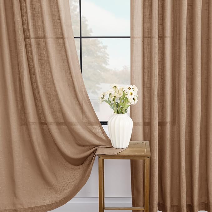 Brown Curtains for Living Room Back Tab Modern Farmhouse Semi Sheer Brown Curtains 45 inches Long 2 Panels Set Muted Neutral Window Curtain for Dining Room Bedroom 52x45