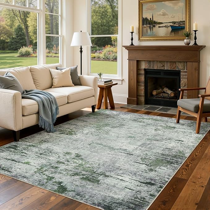 DMOYEST Area Rug Living Room Rugs - 6x9 Large Soft Indoor Neutral Modern Abstract Low Pile Washable Rug Carpet for Bedroom Dining Room Farmhouse Home Office - Green/Grey/Brown