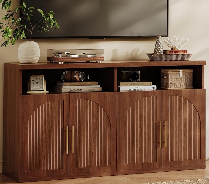 Fluted Buffet Cabinet with Storage, 63" Wide Wood Sideboard Credenza with 4 Doors & Open Storage Shelf, Modern Kitchen Entryway Accent Table for Dining Room Living Room, Kitchen, Hallway, Walnut