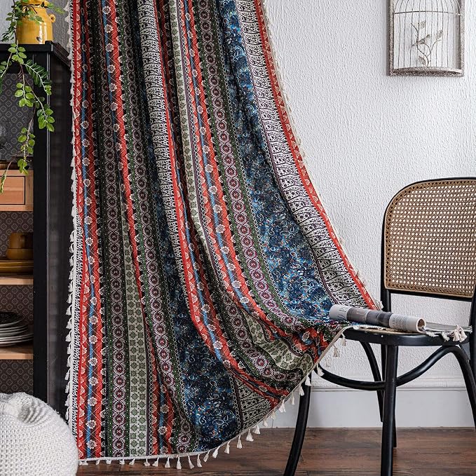 VOGOL Boho Style Bedroom Curtains, Semi Blackout Striped Print Drapes with Tassels for Living Dining Room, 1 Panel Rod Pocket Window Treatment, 52 x 84 Inches, Red & Blue