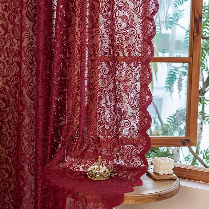 ALIGOGO Burgundy Curtains 84 Inches Long 2 Panels, Cottage Lace Sheer Maroon Curtains for Living Room, Farmhouse Rod Pocket Privacy Floral Scalloped Edges Burgundy Drapes, 52W x 84L Inch