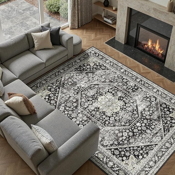 DCX Machine Washable Black Area Rug 8x10, Non Slip Stain Resistant Vintage Floral Rug for Living Room Bedroom Dining Room, Soft Low Pile Large Carpet