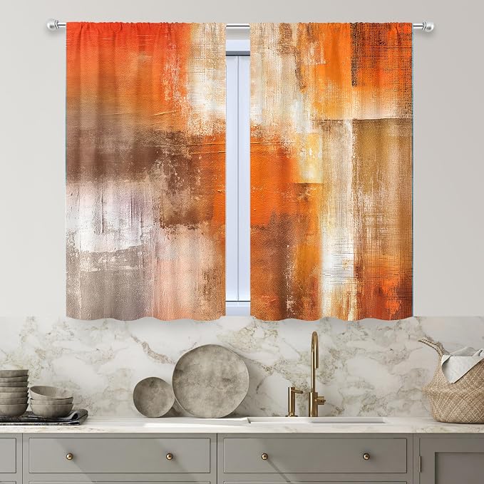 MESHELLY Abstract Burnt Orange Kitchen Curtains,Gray Rust Brown Kitchen Curtains,27.5Wx39H Inch Rod Pocket Watercolor Grey Oil Painting Decor Cool Modern Small Short Window Drapes Treatment 2 Panels