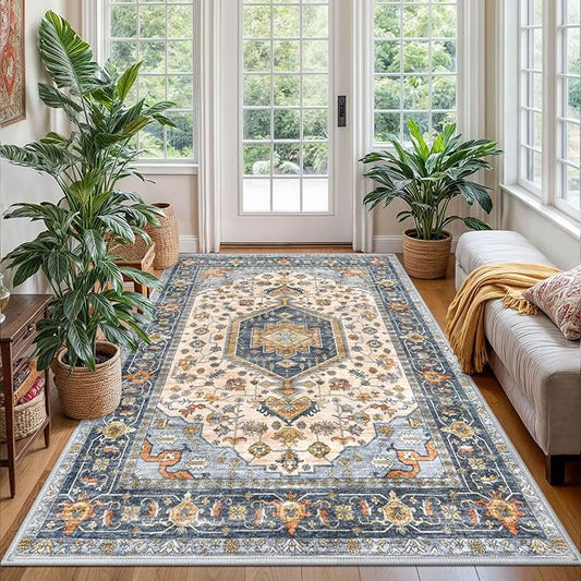 KUTA Vintage Area Rug 4x6 Living Room, Washable Rugs Printed Oriental Tribal Ivory Blue, Non-Slip Dining Room Carpet, Extra Soft Low Pile Cozy Throw for Bedroom Kitchen Nursery