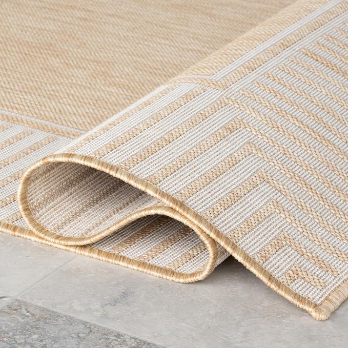 Nuloom Asha Tan/Ivory, 4' x 6', Casual, Striped Border, Soft and Cozy, High Traffic, Easy Clean, Durable Area Rug for Indoor/Outdoor Patio, Deck, Porch, Garden, Courtyard