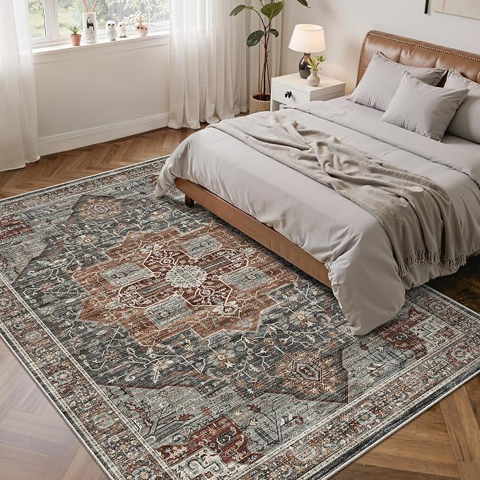 Roxstand 6x9 Rug, Stain Resistant Washable Area Rugs with Anti-Slip Backing, Vintage Large Bedroom, Living Room Rugs, Foldable Soft Rug (Grey/Brown/Tan, 6'x9')