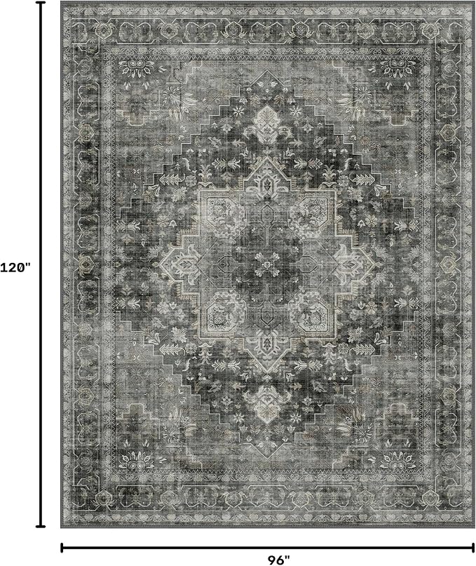 GENIMO 8x10 Area Rugs for Living Room, Machine Washable Non Slip Vintage Rugs, Low Pile Lightweight Print Rug for Bedroom, Dining Room, Home Office, Charcoal Gray