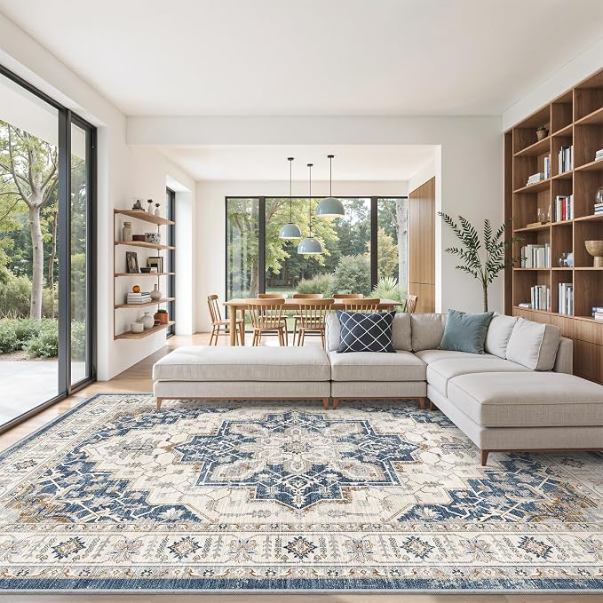befbee 8x10 Area Rug for Living Rooms, Stain Resistant Neutral Washable Rugs for Dining Rooms, Floral Vintage Non-Slip Thin Large Size Area Rugs(Blue)