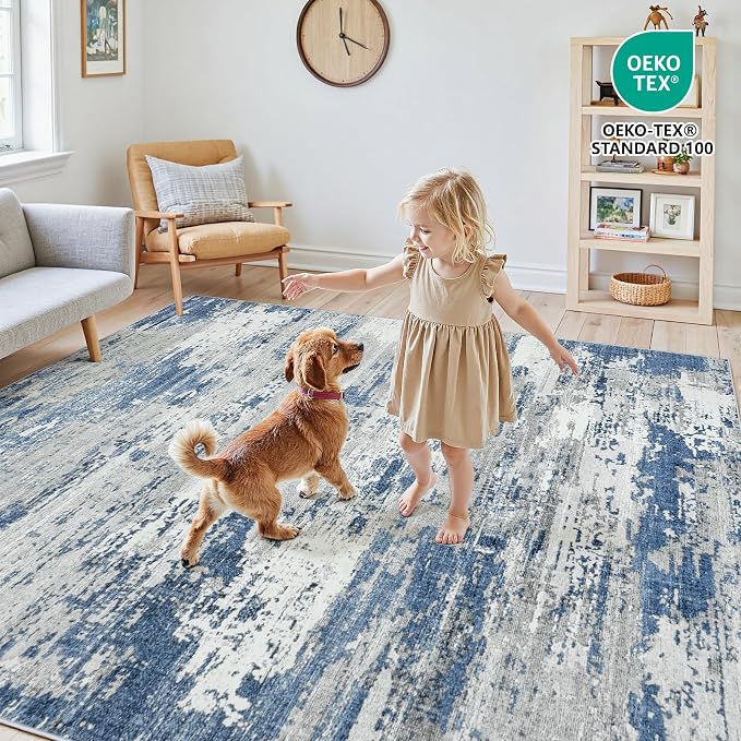 Area Rugs 10x14 Living Room: Large Soft Washable Rug Modern Abstract Anti-Skid Non-Shedding Carpet Indoor Floor Thin Carpets for Bedroom Dining Room Farmhouse Nursery Home Office Grey Blue
