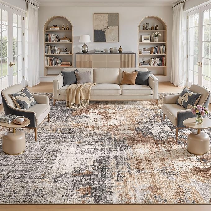DMOYEST Area Rug Living Room Rugs - 12x14 Extra Large Soft Indoor Neutral Modern Abstract Low Pile Washable Rug Carpet for Bedroom Dining Room Farmhouse Home Office - Grey Brown