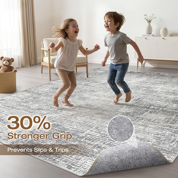10x12 Area Rug Living Room: Washable Large Neutral Grey Rugs Abstract Soft Modern Stain Resistant Indoor Floor Non-Slip Carpet for Bedroom Nursery Kids Office Playroom Dining Room Under Table Home