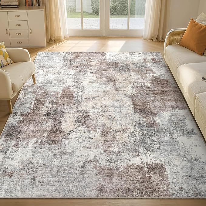 Tortania Washable 6x9 Area Rug for Living Room: Modern Abstract Neutral Large Soft Thin Rugs - Non Slip Indoor Carpet for Bedroom Dining Room Office Nursery Home Floor Decoration - Gray Brown