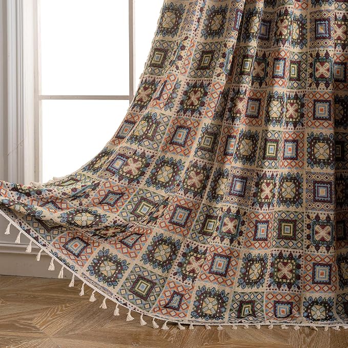 ENJOYBRIDAL Patchwork 96 Inch Curtains 2 Panel Set Semi Sheer Bedroom Drapes Rod Pocket Farmhouse Jacquard Long Window Curtain Panels Bohemian Light Filtering Beige Boho Living Room Window Treatments