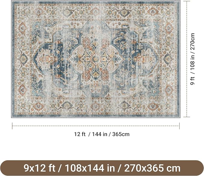 befbee 9x12 Area Rug,Ultra-Thin Washable Rugs for Living Room,Non-Slip Lightweight Foldable Area Rug,Stain Resistant Vintage Large Rugs (Navy,9'x12')