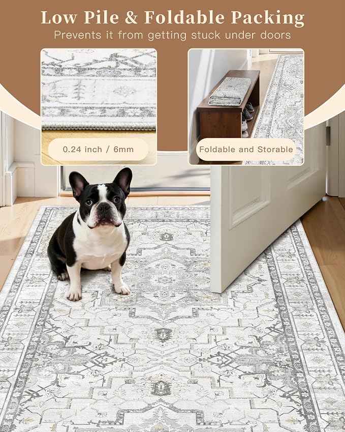 Madane Washable Runner Rug 2x6 Runners for Hallways Non Slip, Grey | Vintage Stain-Resistant 6 Feet Kitchen Rug, Soft Low-Pile Ultra-Thin Floor Carpet Mat for Bathroom Laundry Room Bedroom 2x6ft