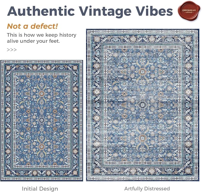 OPPODREAM Vintage Blue Round Rug 5ft, 5 ft Retro Washable Circle Rug Non Slip, Low-Pile Faux Wool Circular Carpet, Distressed Navy Floor Mat for Living Room, Bedroom, Office, Dorm, Dinning Room