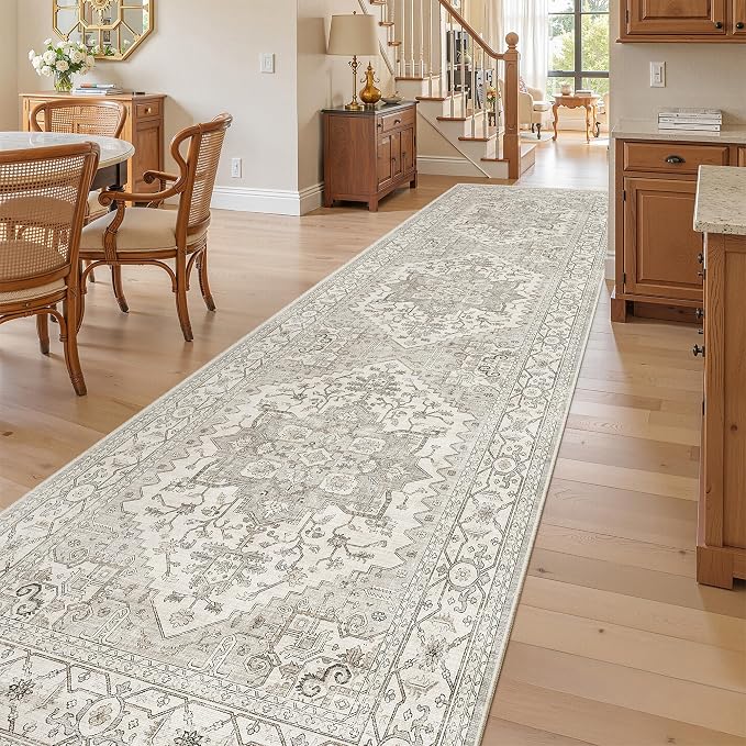 Madane Hallway Runner Rug 3x10 Washable Kitchen Runners 10ft, Beige/Brown | Vintage Non-Slip Entryway Area Rugs Indoor, Soft Low-Pile Farmhouse Wide Floor Carpet for Bathroom Living Room Bedroom Foyer