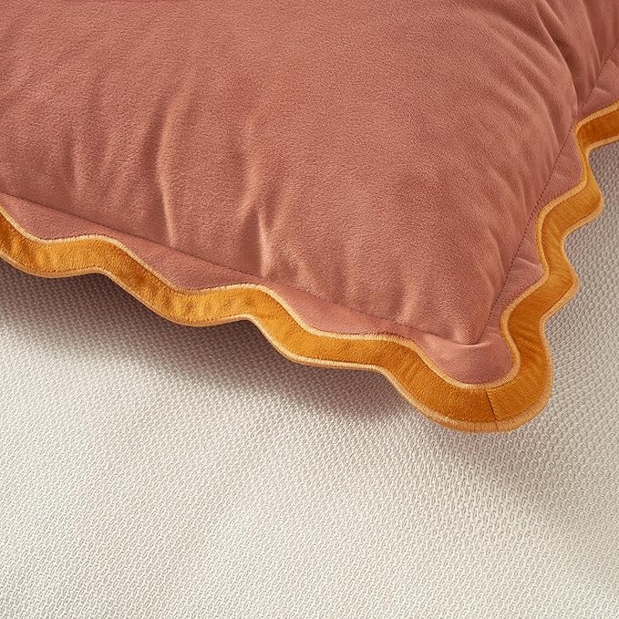 MONDAY MOOSE Decorative Throw Pillow Covers Cushion Cases, Set of 2 Soft Velvet Scalloped Wavy Edge Designs, Mix and Match for Home Decor, Pillow Inserts Not Included (16x16 inch, Pink/Honey)