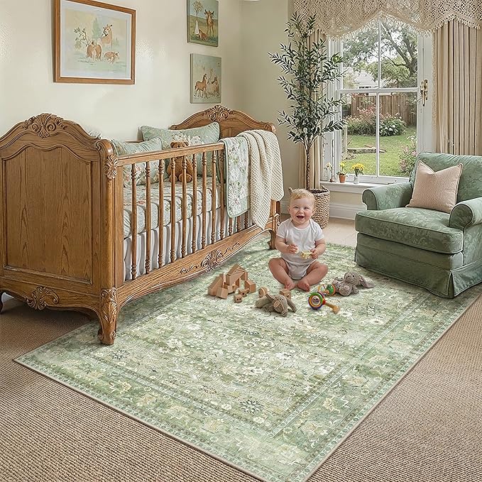 HUGEAR 5x7 Machine Washable Rugs Light Green Hallway Area Rug Indoor Accent Rug Floral Low Pile Carpet Soft Throw Aesthetic Rug Bedroom Living Room Office Dining Room Kitchen Laundry Room Non Slip