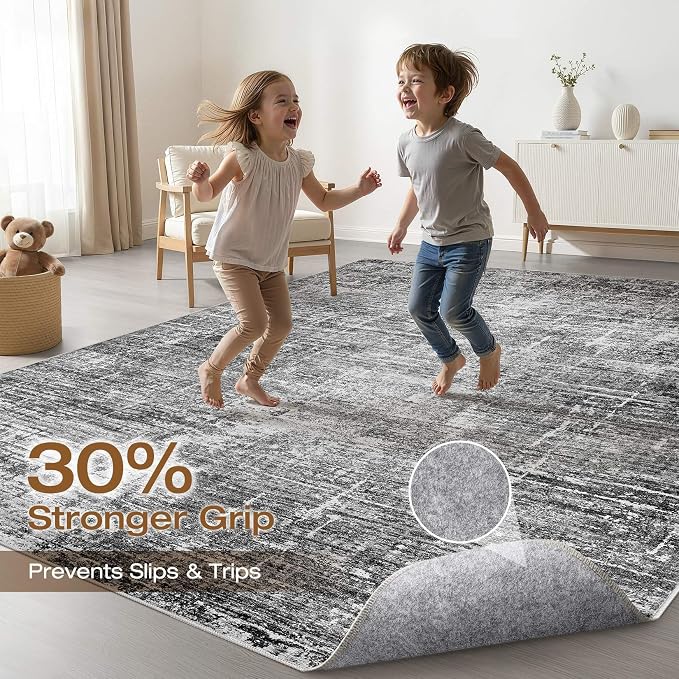10x14 Area Rug Living Room: Washable Large Neutral Black Rug Abstract Soft Modern Stain Resistant Indoor Floor Non-Slip Carpet for Bedroom Nursery Kids Office Playroom Dining Room Under Table Home