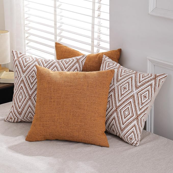 HPUK Throw Pillow Covers 18x18 Inch Set of 4, Linen Decorative Pillow Covers, Accent Cushion Covers for Couch Sofa Bed Bedroom Living Room Décor, Golden Brown