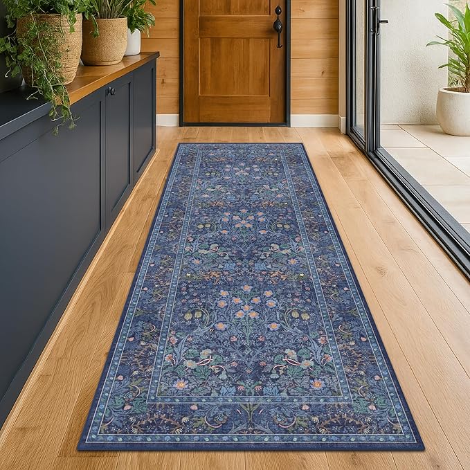 Dark Blue 3x10 Extra Long Wide Runner Rug for Hallway, Non Slip Washable, 10 ft Large Kitchen Indoor Floor Rugs for Entryway, Stain Resistant Vintage Floral Carpet