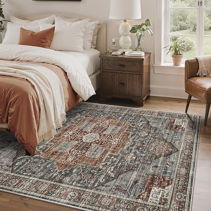 Roxstand 4x6 Area Rug - Washable Dining Room Rug with Non-Slip Backing, Small Rugs for Entryway, Kitchen, Bedroom, Stain Resistant Vintage Rug for Room Decor (Grey/Brown/Tan, 4'x6')