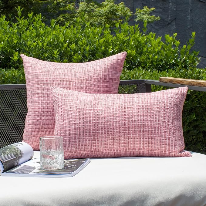 Kevin Textile Pack of 2 Decorative Outdoor Waterproof Pillow Covers Square Garden Cushion Sham Throw Pillowcase Shell for Patio Tent Couch 24x24 Inch Pink