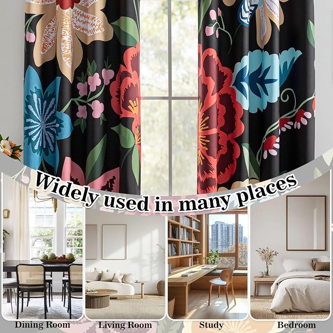 MYSKY HOME Black Boho Floral Blackout Curtains for Bedroom 63 inch Long Botanical Leaf Black Out Curtains for Living Room Thermal Insulated Room Darkening Noise Reduction Window Drapes, 2 Pcs, 52Wx63L