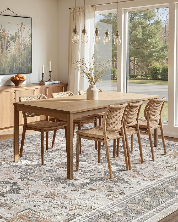 7x9 Vintage Area Rug: Washable Neutral Soft Non Slip Thin Large Floor Carpet for Living Room Bedroom Kitchen Dining Room Home Office Farmhouse Indoor - Taupe