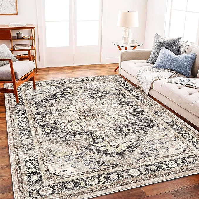 CHAMPLANT Washable Area Rug 8'x10' Black-Purple Khaki Retro Boho Design Non-Shedding Non-Slip Easy Care Ideal for High Traffic Areas in Living Room Bedroom Office Coffee Table Kitchen Large Carpet