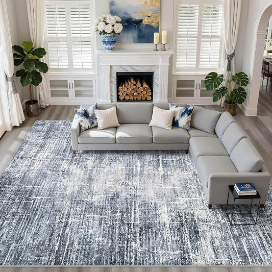 10x14 Area Rugs Living Room: Washable Large Neutral Navy Rug Abstract Soft Modern Stain Resistant Indoor Floor Non-Slip Carpet for Bedroom Nursery Kids Office Playroom Dining Room Under Table Home
