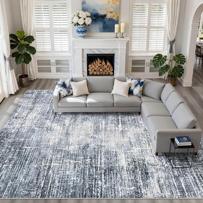 10x12 Area Rug Living Room: Washable Large Neutral Navy Rug Abstract Soft Modern Stain Resistant Indoor Floor Non-Slip Carpet for Bedroom Nursery Kids Office Playroom Dining Room Under Table Home