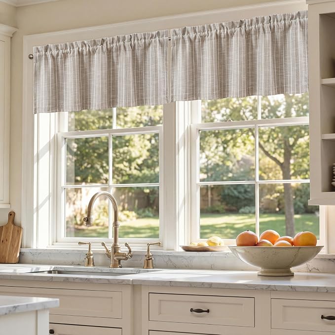 DriftAway Stripe Blackout Linen Curtain Valance Double Layer Farmhouse Country Rustic Hygge Stripe Yarn Dyed Woven Thermal Insulated Rod Pocket Valance W52 x L18 Beige