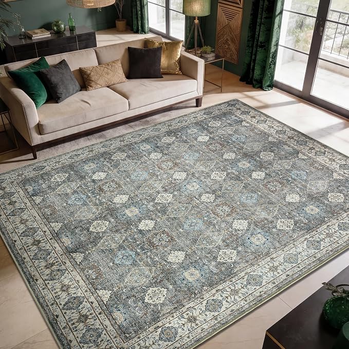 Keen Home Design 9x12 Rug - Machine Washable Area Rug with Non-Slip Backing, Ideal for Living Room, Dining Room, Bedroom - Vintage, Easy Clean, Durable, Low Pile Rug - (9' x 12')