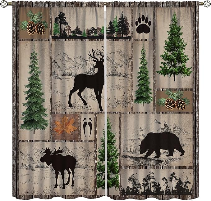 Vintage Bear Deer Blackout Curtains Country Farmhouse Wooden Door Forest Hunting Lodge Pine Cone Mountains Elk Black Bear Animals Windows Treatments Rod Pocket For Kitchen Living Room Bedroom 84x84in