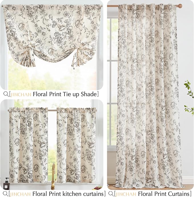jinchan Linen Kitchen French Floral Tier Curtains 30 Inch Farmhouse Vintage Cafe Small Window Rustic Half Window Curtains for Living Room Bathroom 2 Panels Black on Beige