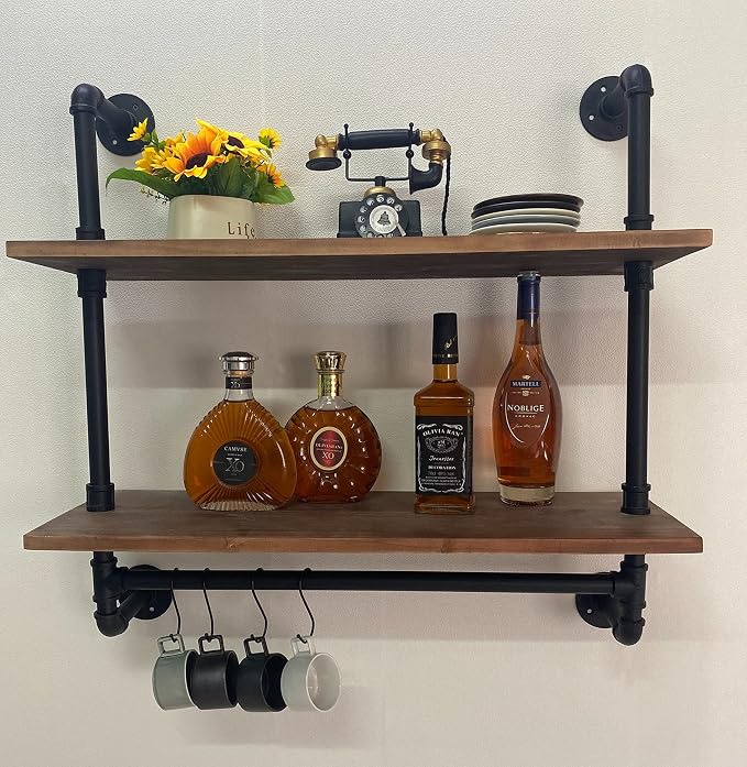 ROGMARS Industrial Pipe Shelving Bathroom Shelves with Towel bar | 30 inch Rustic Floating Shelves Pipe Wall Shelf with Hooks for Living room,Kitchen,Bedroom,Coffee Bar 2 Tier
