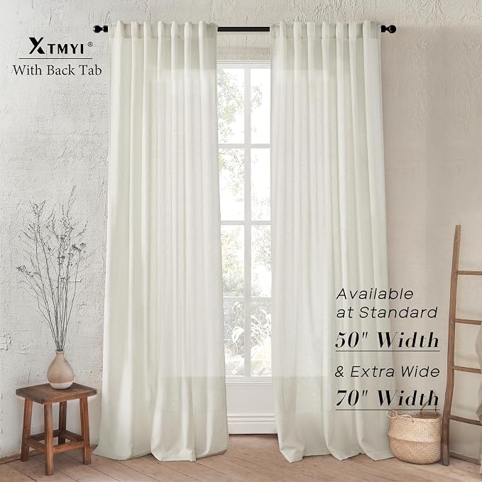 Linen Cotton Curtains for Living Room, Cream Off White Natural Fabric Light Filtering Semi Sheer Curtains 84 Inches Long, Ivory Pleated Farmhouse Curtain Drapes 84 Inch Length 2 Panels Set Dining Room