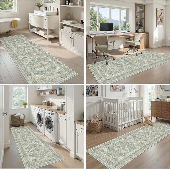 Runner Rug 2'x6' Washable Vintage Area Rugs for Hallway Non Slip Laundry Rug Runner Boho Floor Carpet Runners for Entryway Laundry Room Kitchen Bathroom (2'x6',Green)
