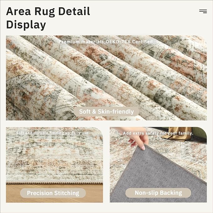 Soalmost 10x14 Area Rugs for Living Room, Non Slip Machine Washable Vintage Rugs, Low Pile Lightweight Large Rug for Bedroom, Dining Room, Home Office Brown Pink